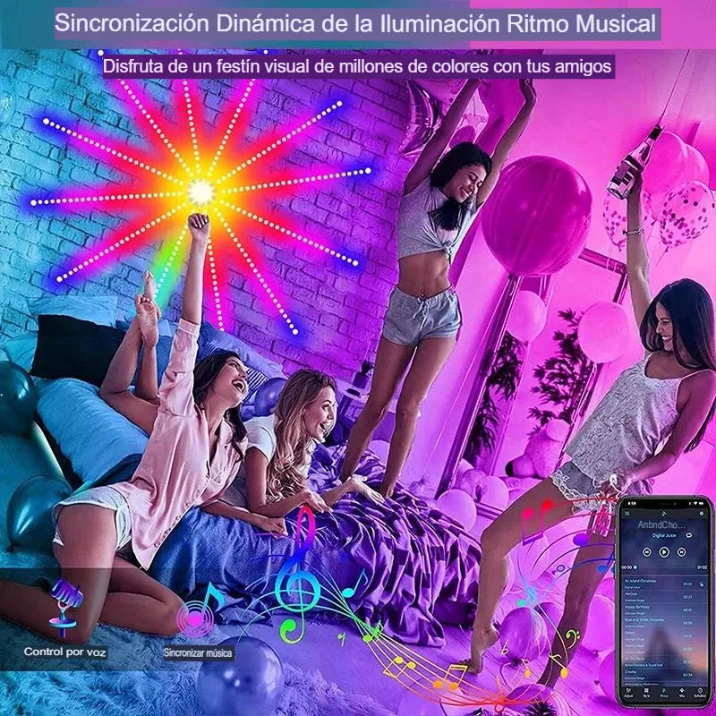 🔥 FireGlow™ – Luces LED Inteligentes con Sensor Musical y Efecto Fuegos Artificiales