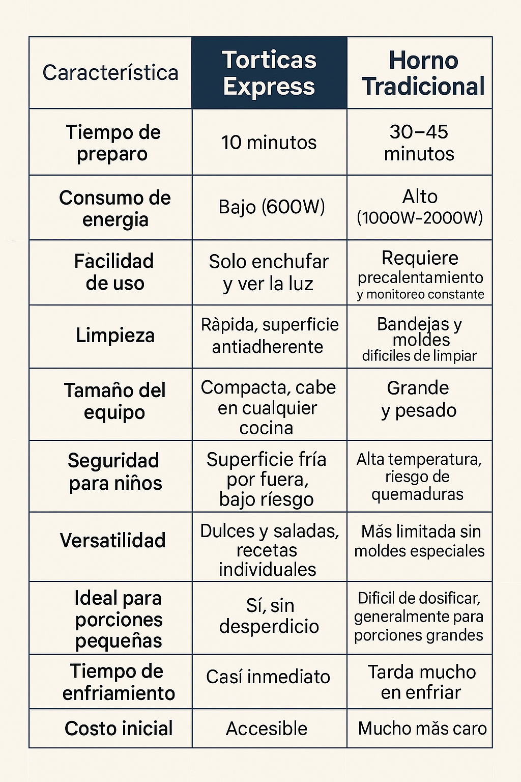 tabela comparativa com forno convencional